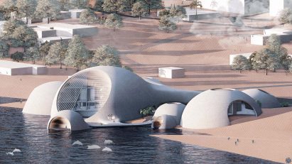 Rendering showing bulbous building by sea shore