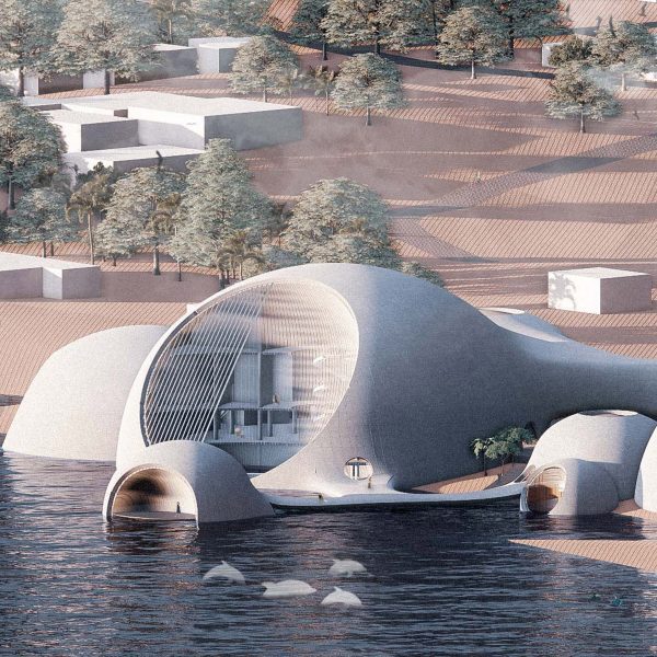Rendering showing bulbous building by sea shore