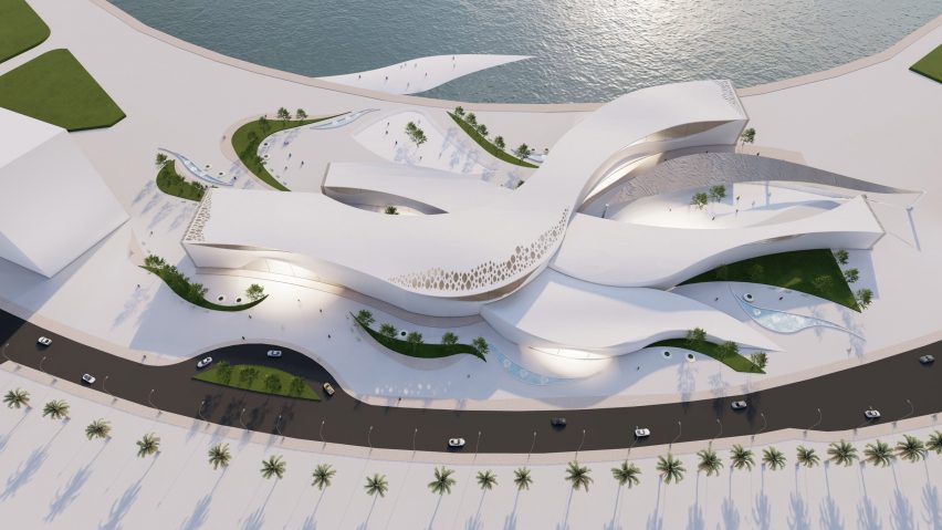 Rendering showing wavy building on shoreline