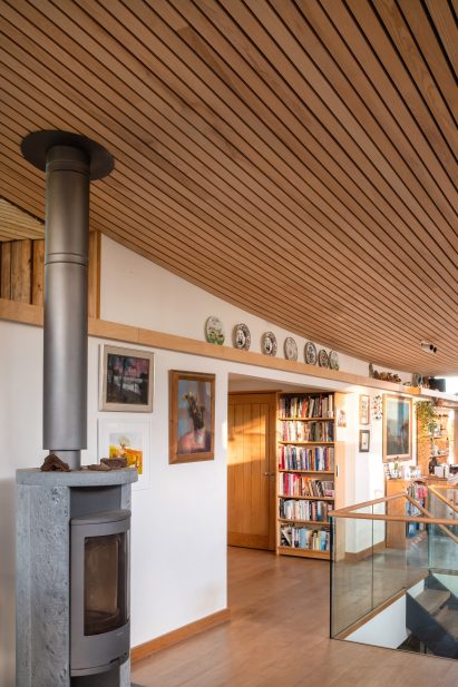 Wood-lined living room