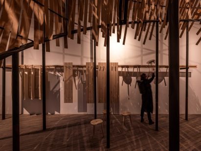View from inside wooden sculpture at Venice Architecture Biennale