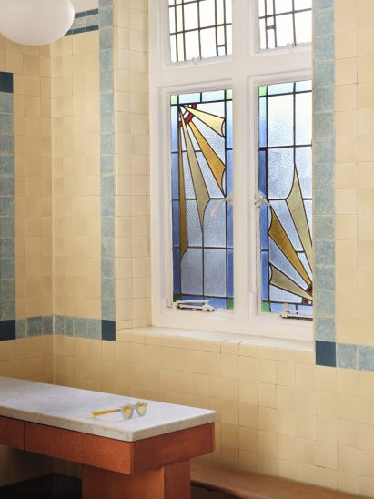 Stained-glass windows inside eyewear store