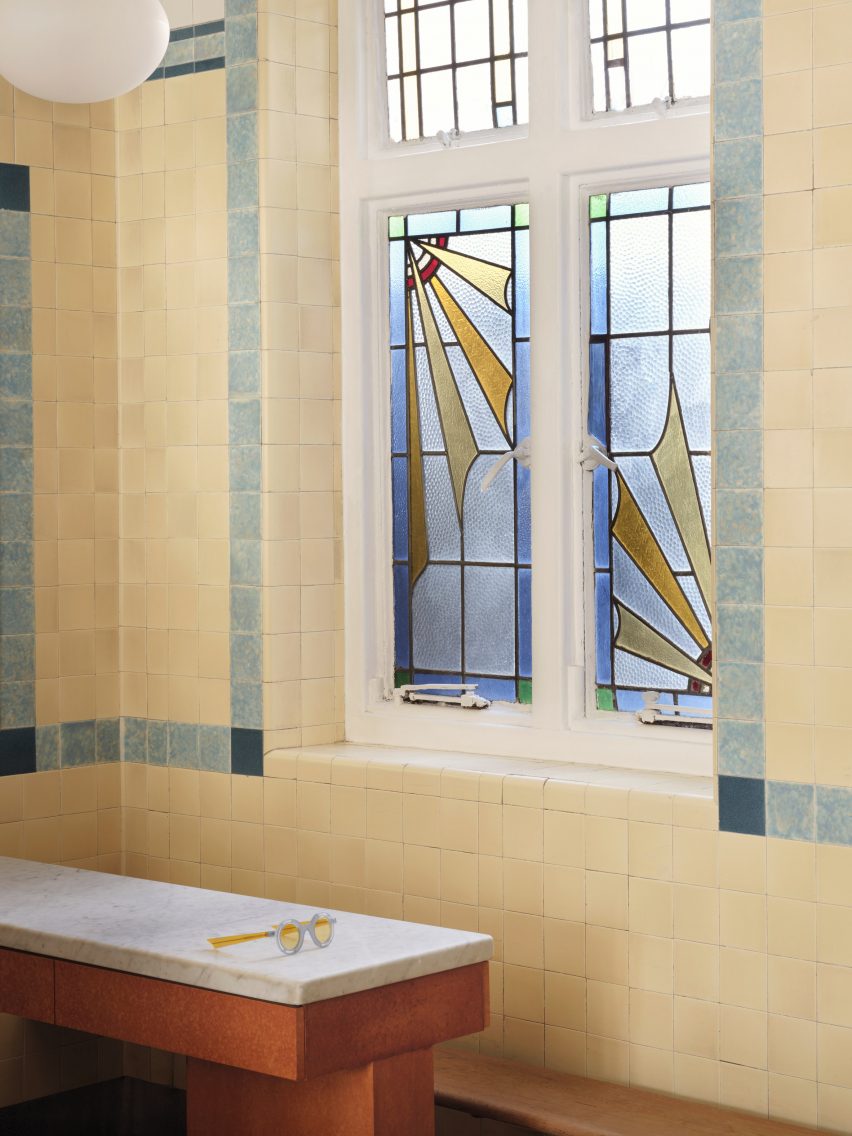 Stained-glass windows inside eyewear store