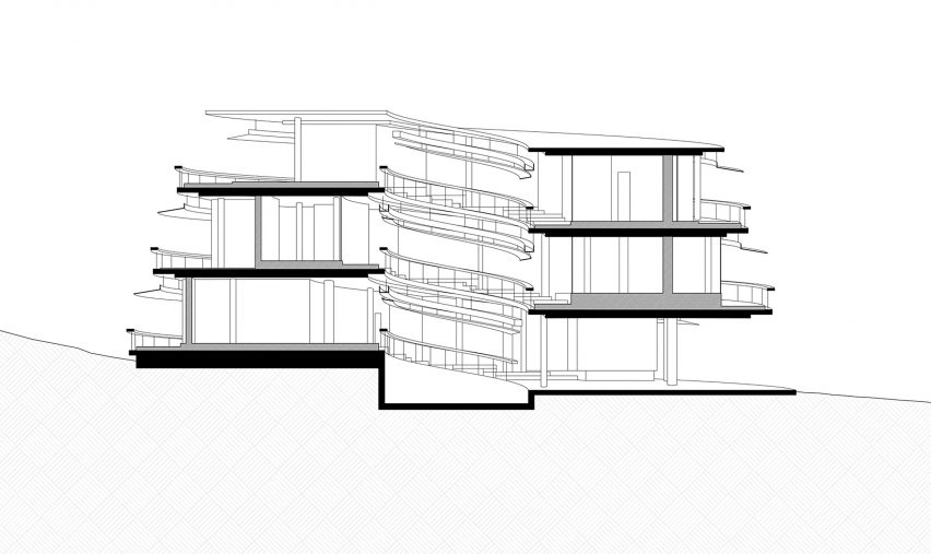 Section drawing of the office building at Meles Zenawi Memorial Park in Ethiopia by Studio Other Spaces