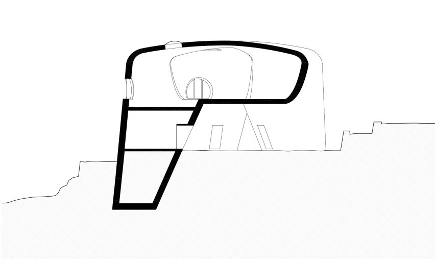 Section drawing of the research centre at Meles Zenawi Memorial Park in Ethiopia by Studio Other Spaces