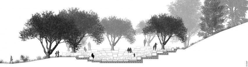 Section drawing of a stepped pavilion at Meles Zenawi Memorial Park in Ethiopia by Studio Other Spaces