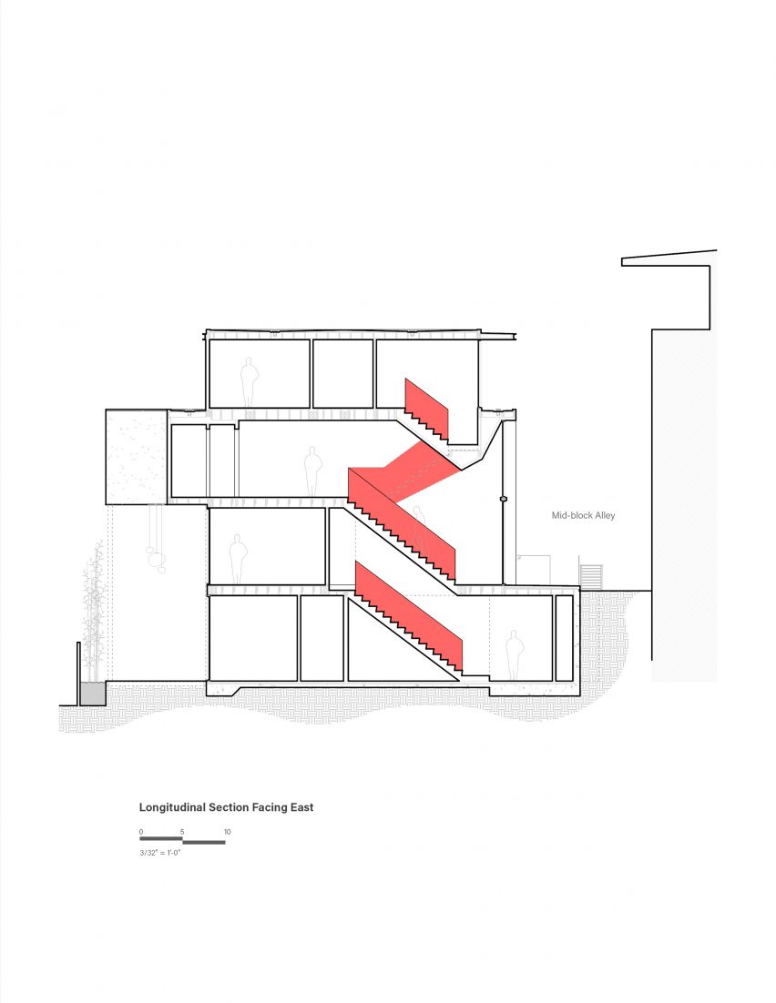 Section drawing of Red Stair House by Dumican Mosey