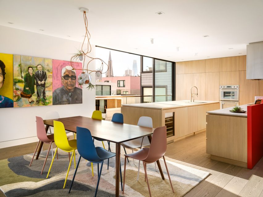 Kitchen and dining room with colourful chairs and wood kitchen units