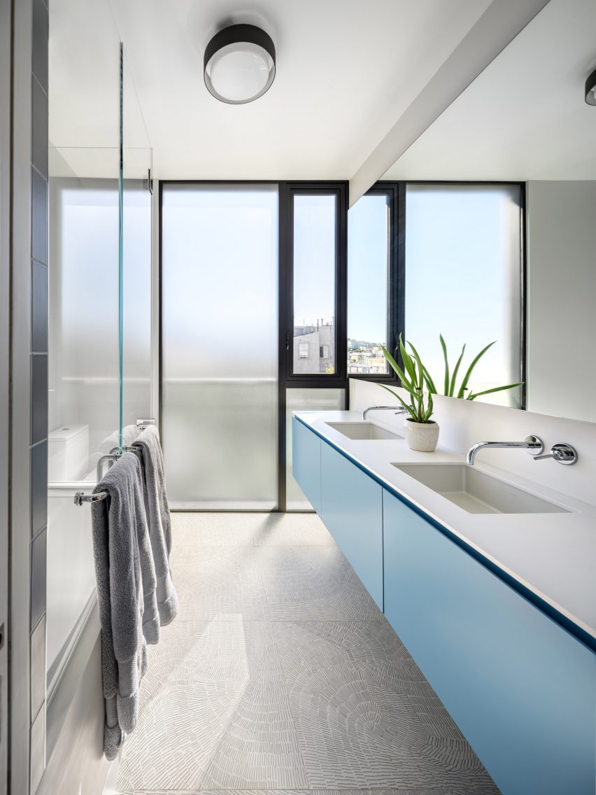 Bathroom with blue vanity units