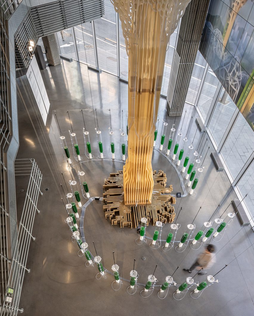 Birds-eye view photo looking down at the column of the Tree One sculpture, with photobioreactors spiralling out of the base