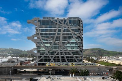 Train and glass facade