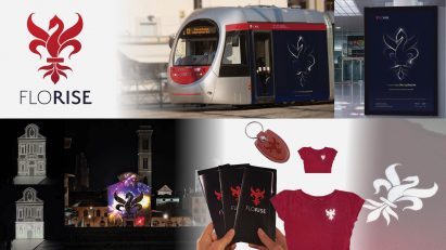 Collage showing a graphic rebrand of an outdoor light show