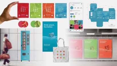 Collage showing a graphic rebrand of an energy drink brand