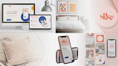 Collage showing a graphic rebrand of an interior design/self-help brand