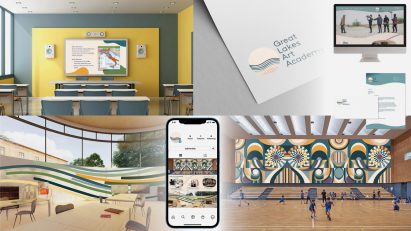 Collage showing a graphic rebrand of a school