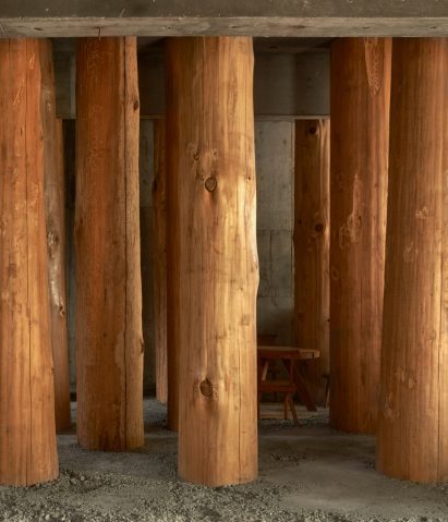 Japanese workspace filled with tree trunks
