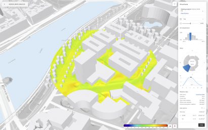 Screenshot of Autodesk's Forma software showing a site with a heatmap and a sidebar with microclimate data