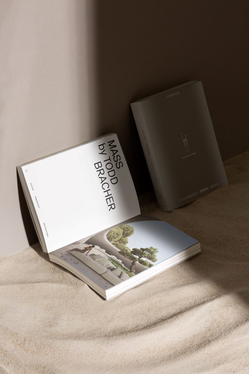Photo of the Gandia Blasco Outdoor 2023 catalogue open to a page with big, bolg type reading Mass by Todd Bracher
