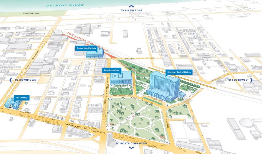 Perspective site plan of the Newlab Detroit headquarters by Gensler