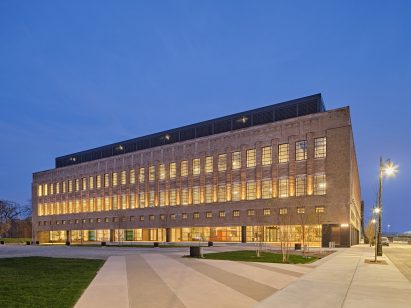 Exterior of the Book Depository building transformed by Gensler for the Newlab Detroit headquarters