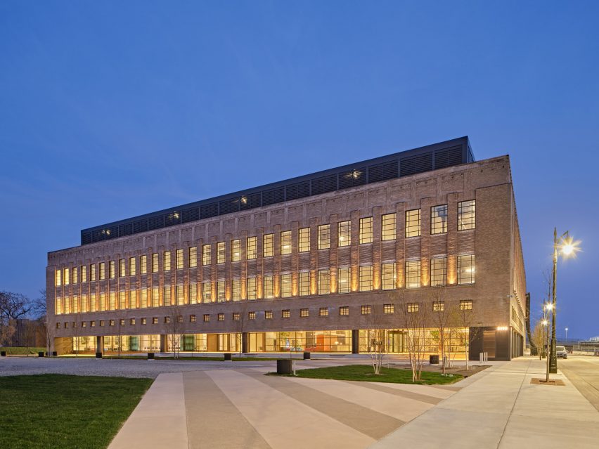 Exterior of the Book Depository building transformed by Gensler for the Newlab Detroit headquarters