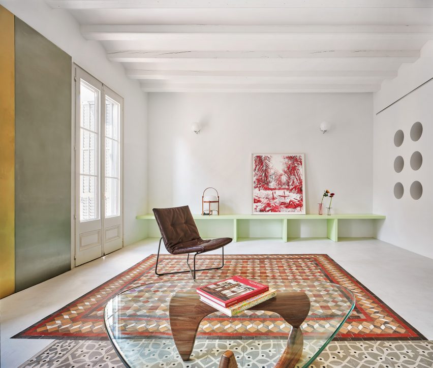 Living room interior of Girona Street apartment in Barcelona, designed by Raúl Sanchez Architects