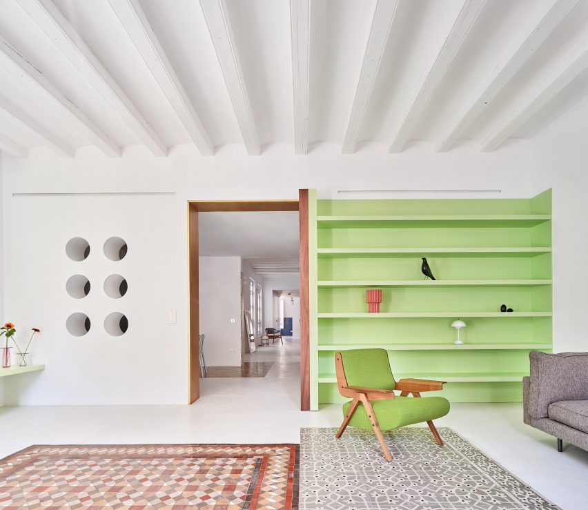 Living room interior of Girona Street apartment in Barcelona, designed by Raúl Sanchez Architects