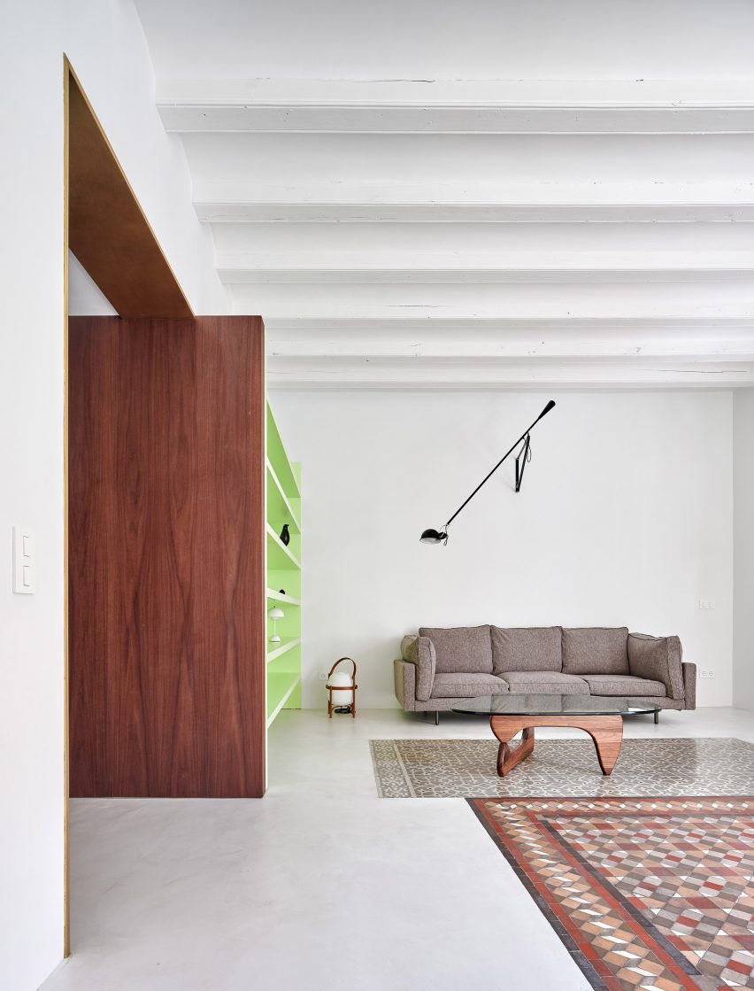 Living room interior of Girona Street apartment in Barcelona, designed by Raúl Sanchez Architects