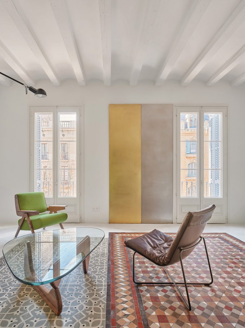 Living room interior of Girona Street apartment in Barcelona, designed by Raúl Sanchez Architects