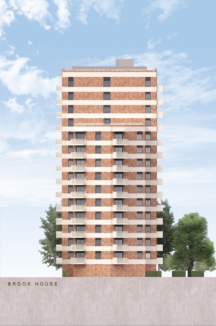 Rendered elevation of the exterior of Brook House women's social housing by Grid Architects