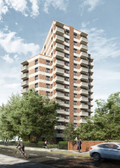 Render of the exterior of Brook House women's social housing by Grid Architects
