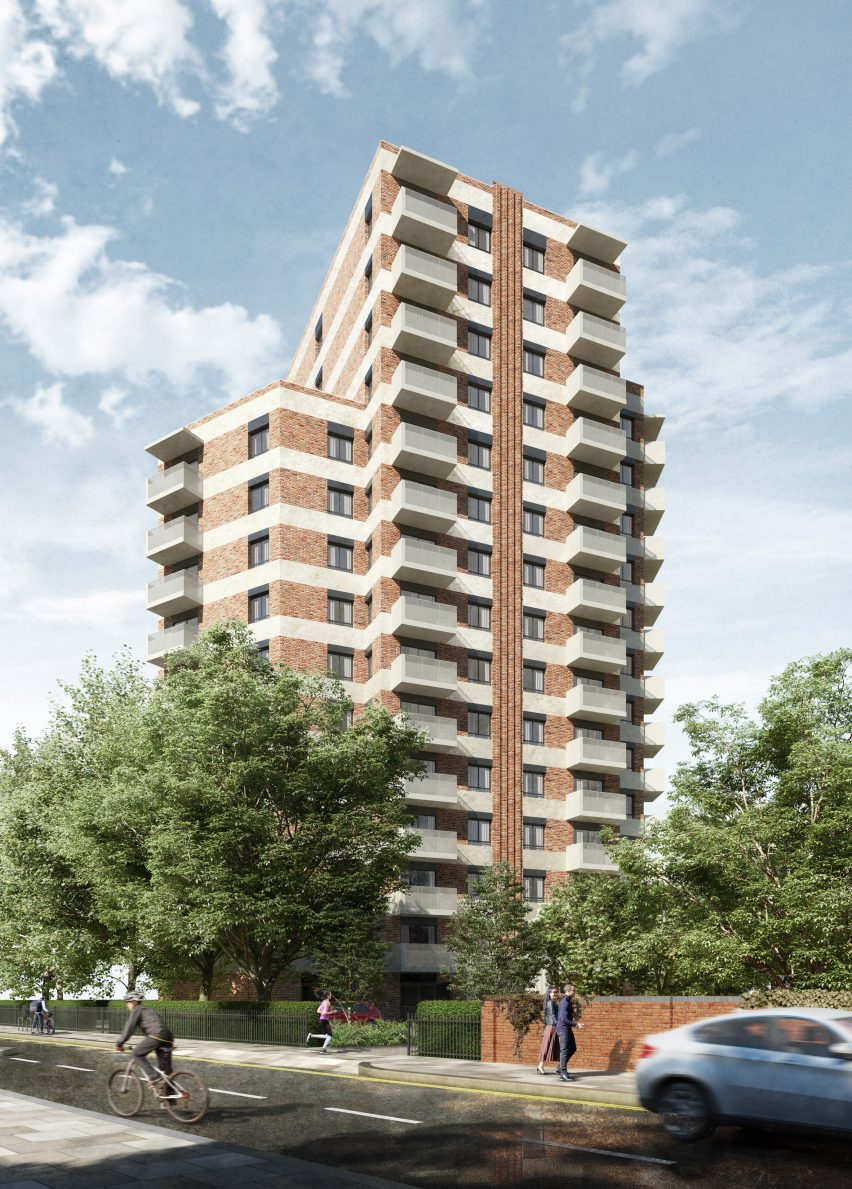 Render of the exterior of Brook House women's social housing by Grid Architects