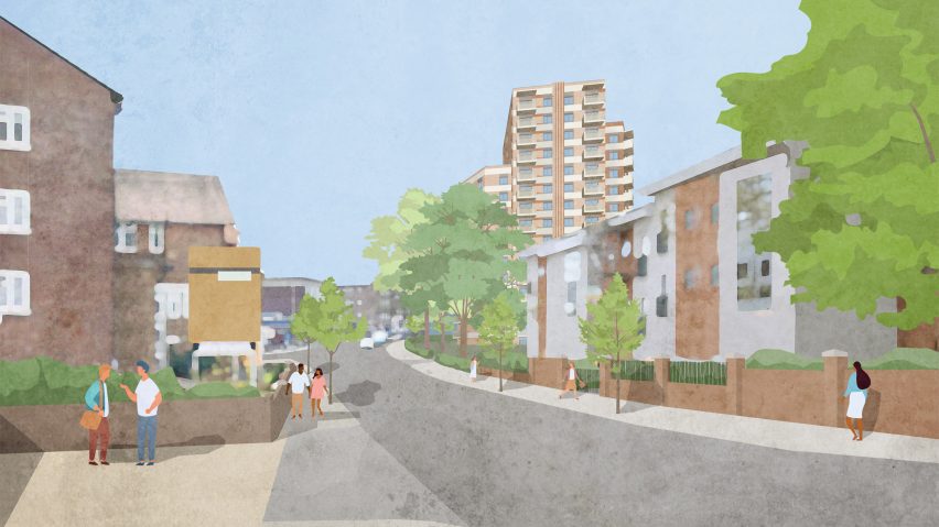 Render of the exterior of Brook House women's social housing by Grid Architects