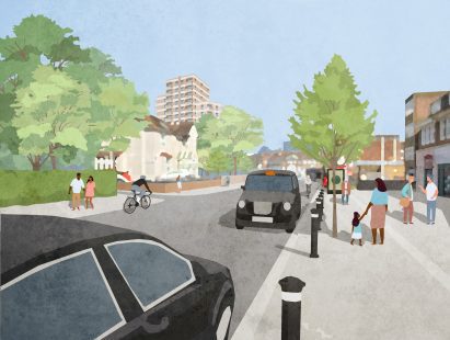 Render of the exterior of Brook House women's social housing by Grid Architects