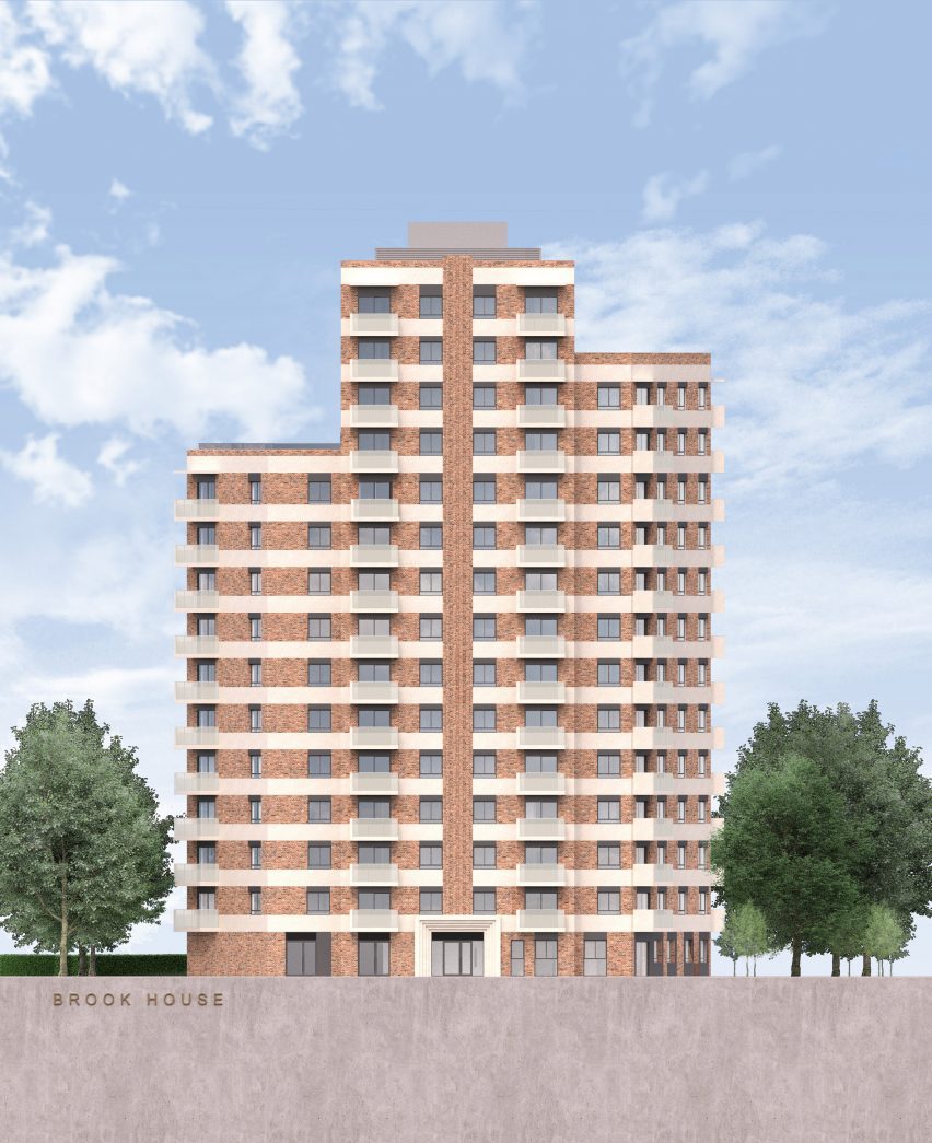 Rendered elevation of the exterior of Brook House women's social housing by Grid Architects