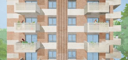 Render of the exterior of Brook House women's social housing by Grid Architects