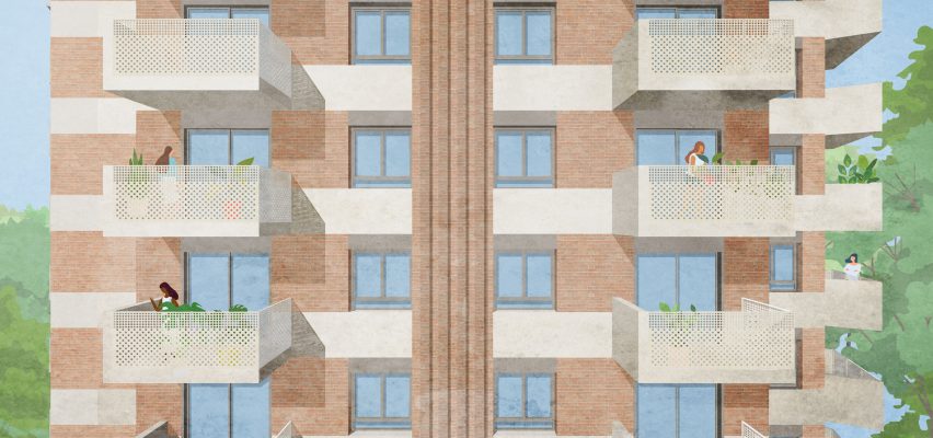 Render of the exterior of Brook House women's social housing by Grid Architects
