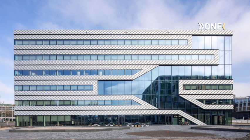 Exterior of the Matrix One six-storey glazed office building by MVRDV