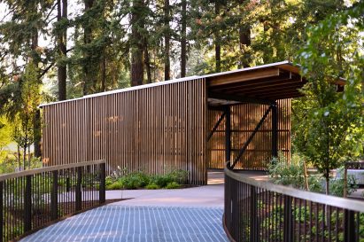 Slatted pavilion at the Leah Botanical Garden