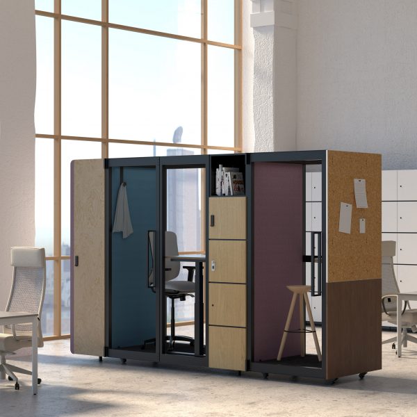 Office booths in high-ceilinged workplace