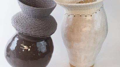Vases made from both woven and shiny materials