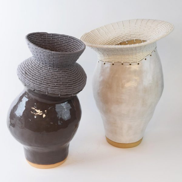 Vases made from both woven and shiny materials