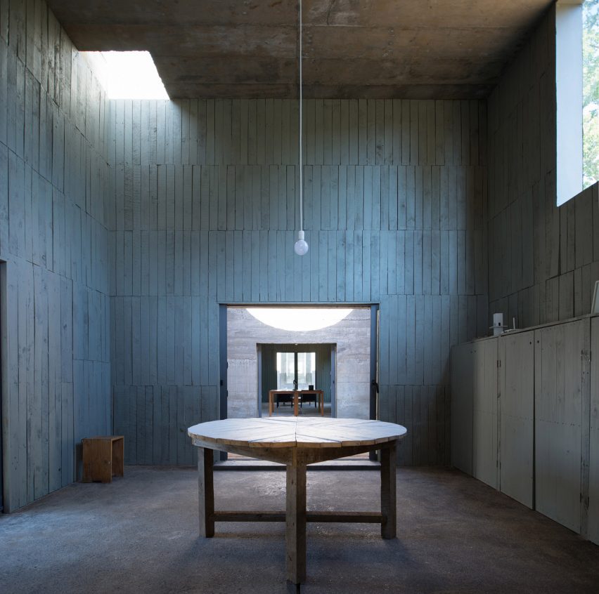 Table and corner skylight in Luna House by Pezo von Ellrichshausen