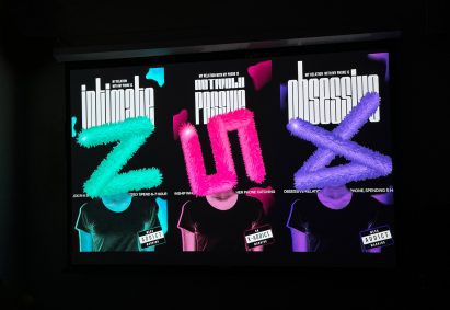Three infographics with neon green, pink and purple furry symbols