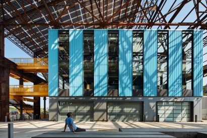 Blue strips of material attached to tech campus designed by MSR Design