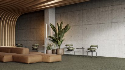 Large room with wooden wavy ceiling and green carpet tiles