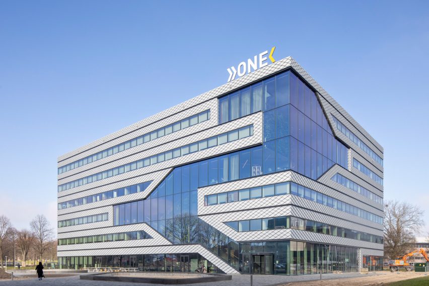 Exterior of the Matrix One six-storey glazed office building by MVRDV