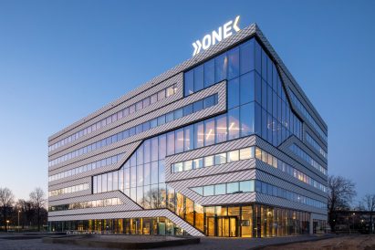 Exterior of the Matrix One six-storey glazed office building by MVRDV