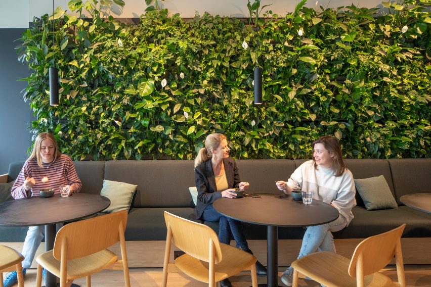 A lounge space with a green wall, bench seating and wooden chairs