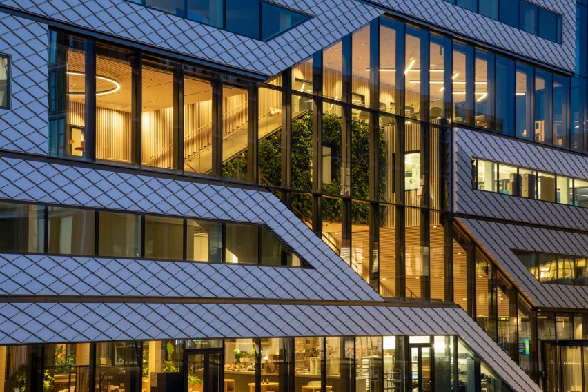 Exterior of the Matrix One six-storey glazed office building by MVRDV